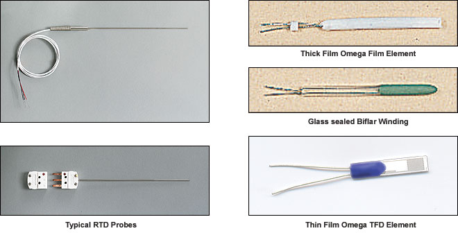 Typical RTD's - Typical RTD Probes, Thick Film Omega Film Element, Glass sealed Biflar Winding, Thin Film Omega TFD Element